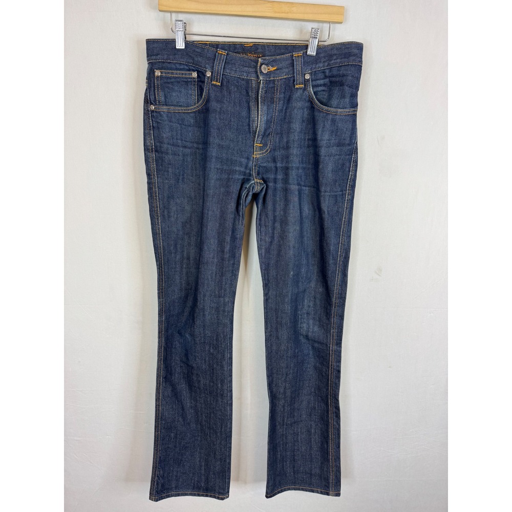 Nudie Jeans Co Low Slim Jim Dry Indigo Denim Jeans Mens 33x34 Orange Stitch